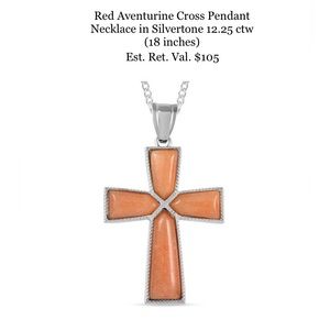 Red Aventurine Cross Pendant Necklace (18 inch) in Silvertone 12.25 ctw